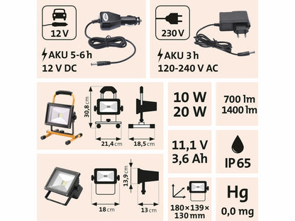 Extol LED reflektor, tölthető, állvánnyal szerelt, 700/1400lm, Li-ion