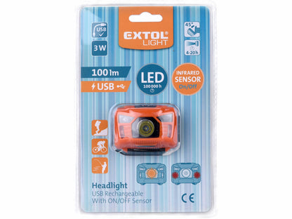 Extol Fejlámpa 100lm, tölthető, USB, 3W LED