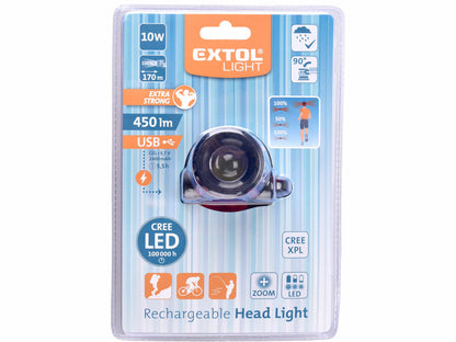 Extol Fejlámpa 450lm CREE XPL, tölthető, USB, 10W CREE XPL, ZOOM funkció