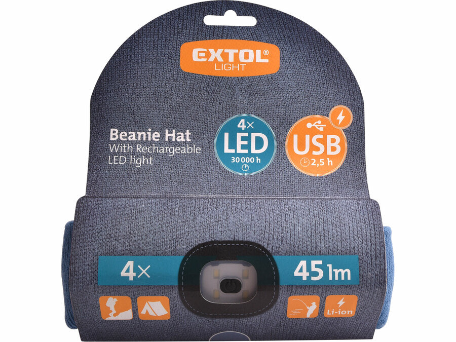 Extol Sapka homloklámpával 45lm, tölthető, USB, kék, univerzális méret