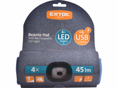 Extol Sapka homloklámpával 45lm, tölthető, USB, kék, univerzális méret