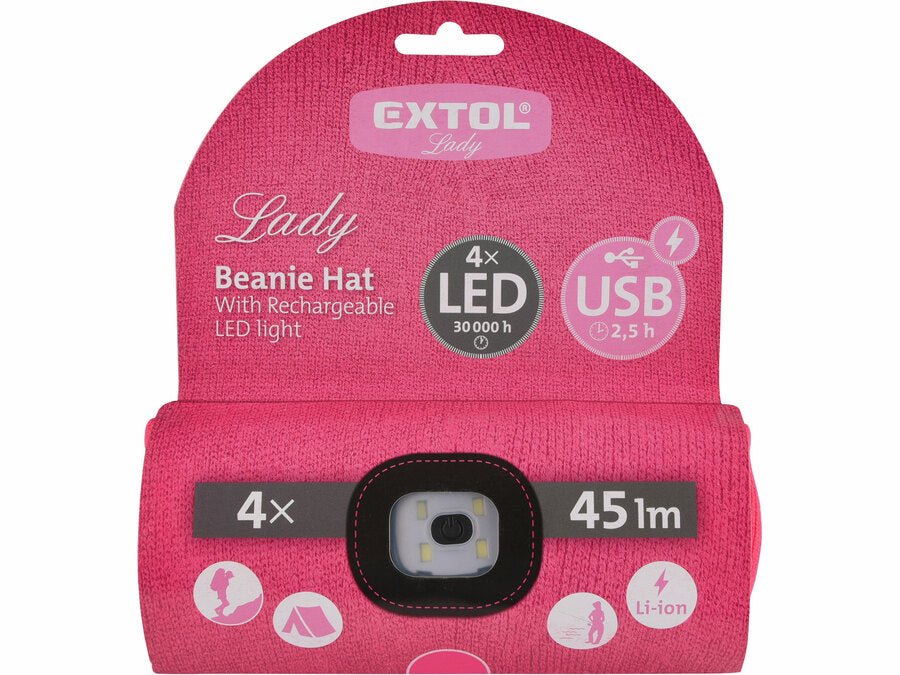 Extol Sapka, pink, kötött, kivehető LED homloklámpával, 4×45 Lumen; USB tölthető Li-ion akku, 3 funkció