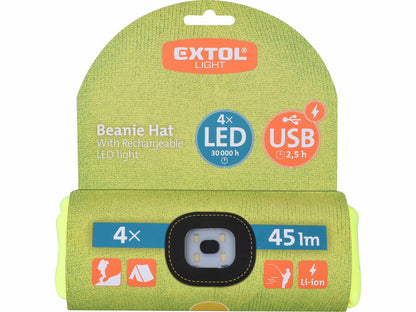 Extol Sapka homloklámpával 45lm, tölthető, USB, fluoreszkáló sárga, univerzális méret