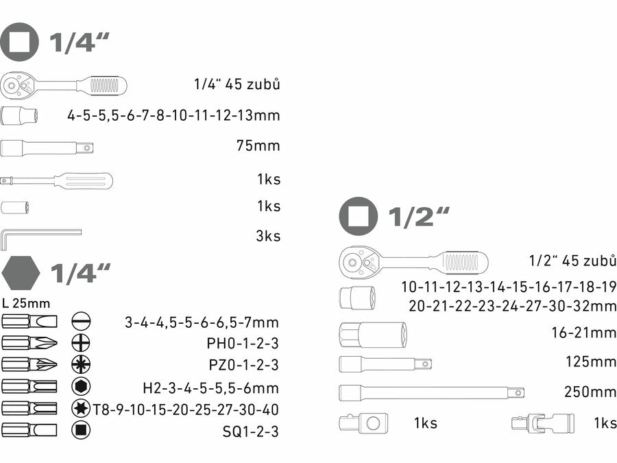 Extol Dugókulcsok, 75db-os készlet, 1/4“, 1/2“