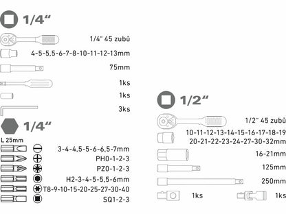 Extol Dugókulcsok, 75db-os készlet, 1/4“, 1/2“