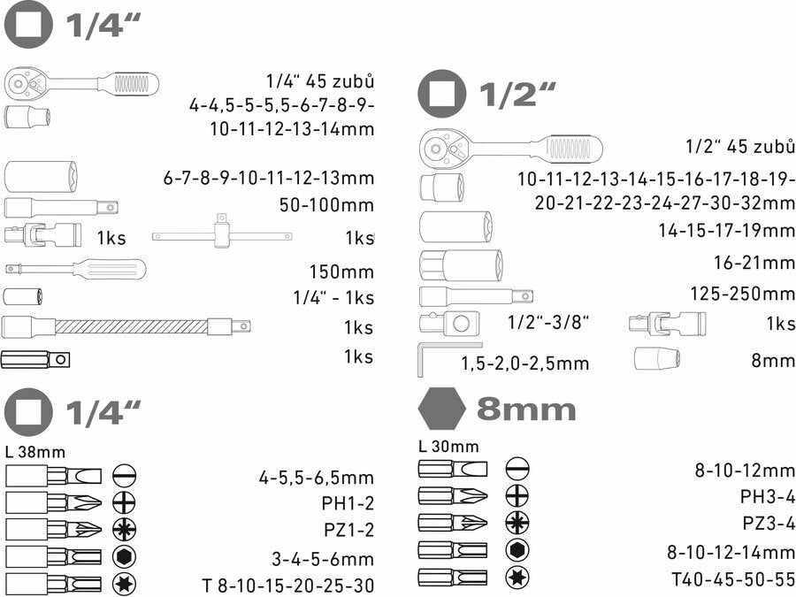 Extol Dugókulcsok, 94db-os készlet, 1/4“, 1/2“ CrV