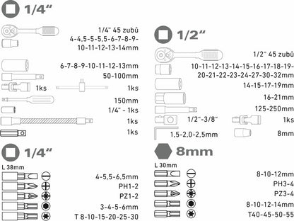 Extol Dugókulcsok, 94db-os készlet, 1/4“, 1/2“ CrV