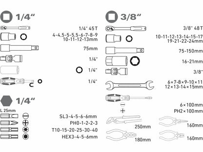 Extol Szerszámkészlet, 65db-os, 1/4", 3/8", CrV