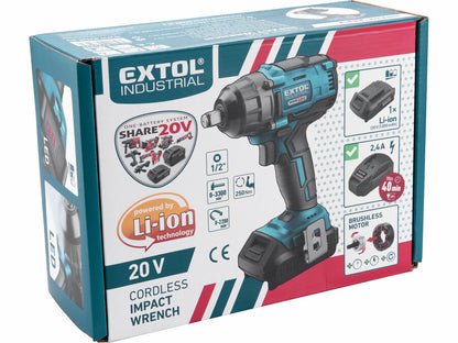 Extol Akkus ütvecsavarozó, 1/2" négyszög, SHARE20V, 250Nm, BRUSHLESS, 20V Li-ion, 2000mAh