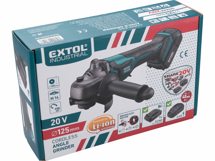 Extol Akkus sarokcsiszológép, SHARE20V, 125mm, BRUSHLESS, akku és töltő nélkül