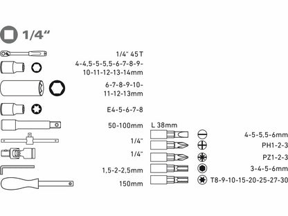 Extol Dugókulcs klt. CrV., 45fog; 1/4", 57db