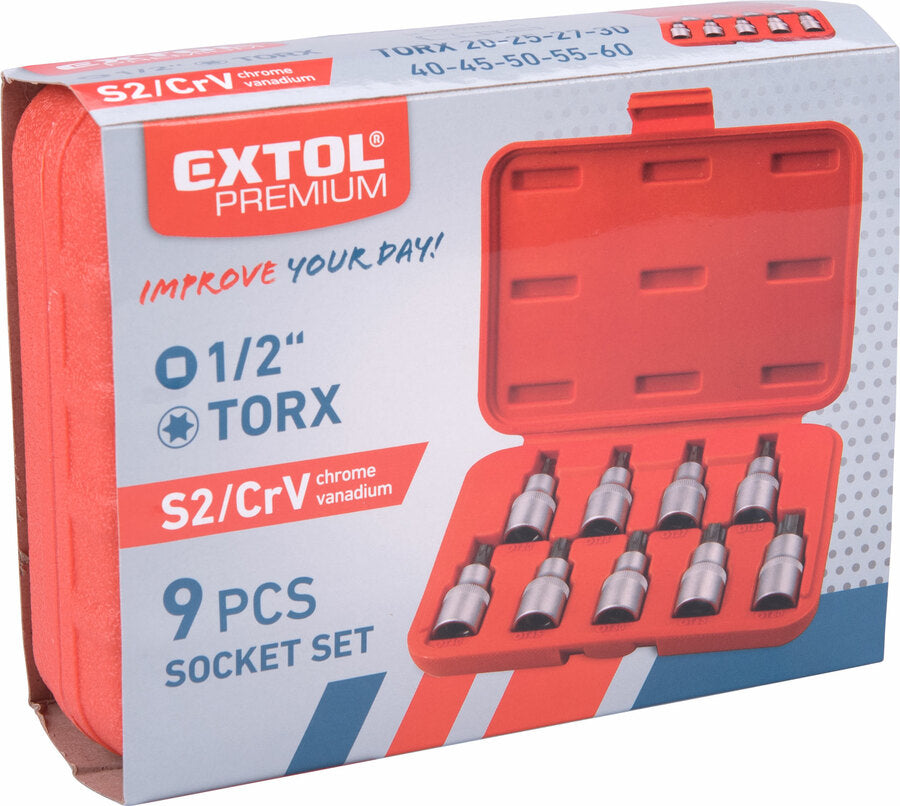 Extol Bitdugófej klt., 9db, TORX,1/2"×55mm (T20-25-27-30-40-45-50-55-60), CrV/S2