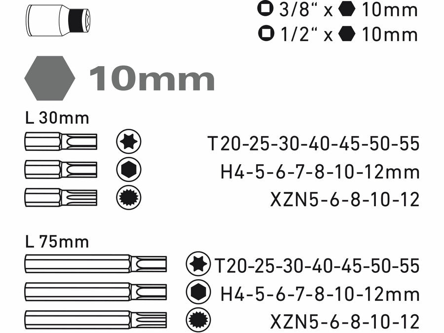 Extol IMBUSZ-TORX-XZN BIT fejek, 40db-os készlet, 3/8“-os és 1/2“-os racsnihoz, CrV