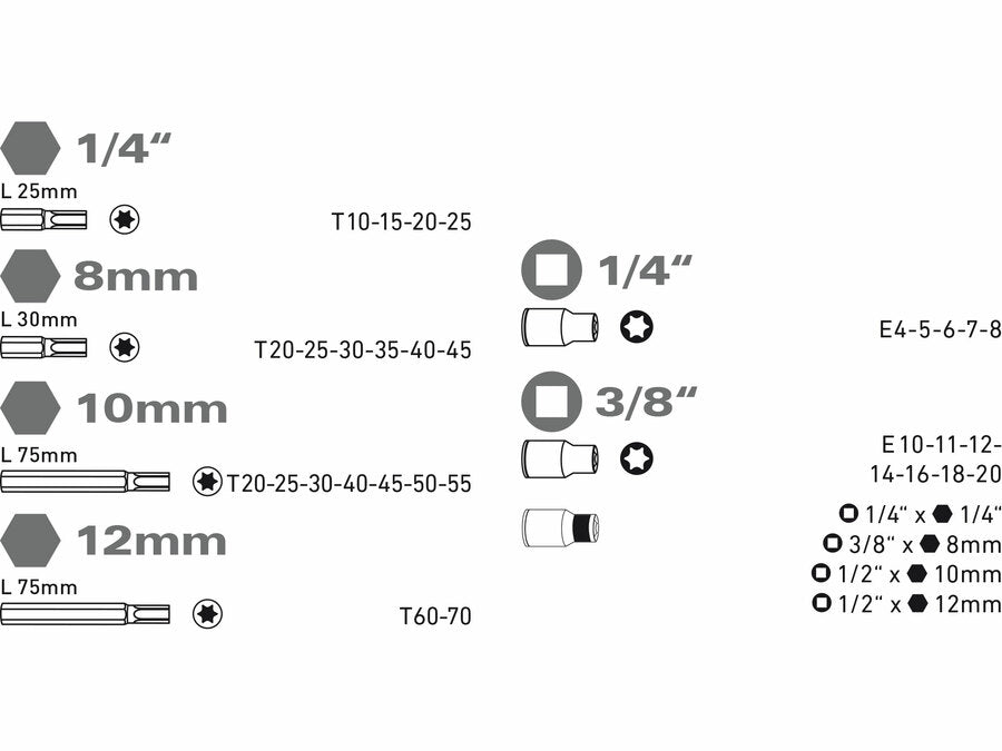 Extol TORX dugókulcs és BIT fej 35db-os készlet, 1/4",3/8", 1/2", CrV