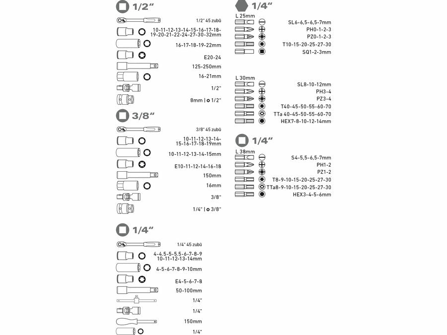 Extol Dugókulcsok, 172db-os készlet, 1/4“, 3/8“ és 1/2“, CrV