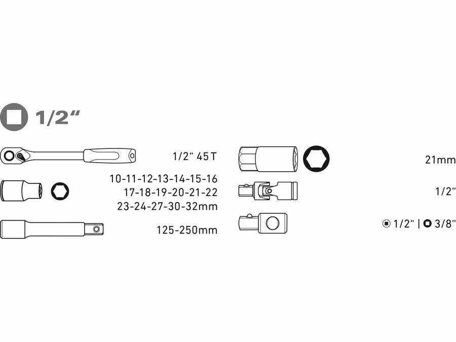 Extol Dugókulcsok, 24db-os készlet, 1/2“