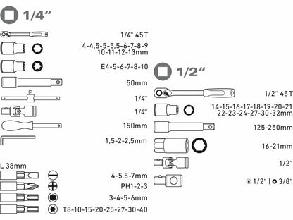 Extol Dugókulcsok, 65db-os készlet, 1/4“, 1/2“