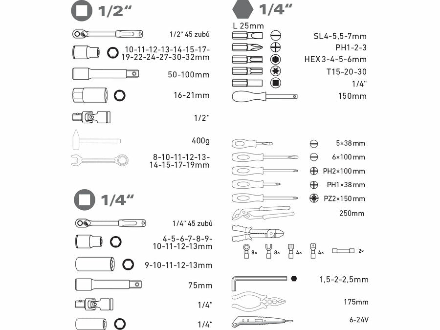 Extol Szerszámkészlet, 100db-os, 1/4", 1/2", CrV