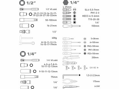 Extol Szerszámkészlet, 100db-os, 1/4", 1/2", CrV