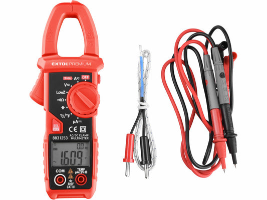 Extol Lakatfogó és digitális multiméter; Amper/Volt/Ohm mérő, True RMS, hangjelző funkcióval, CE, 2 db 1,5V AAA elem