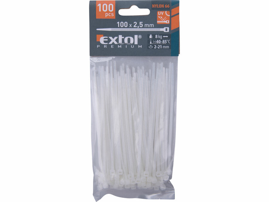 Extol Kábelkötegelő fehér, 100x2,5mm, 100db, nylon