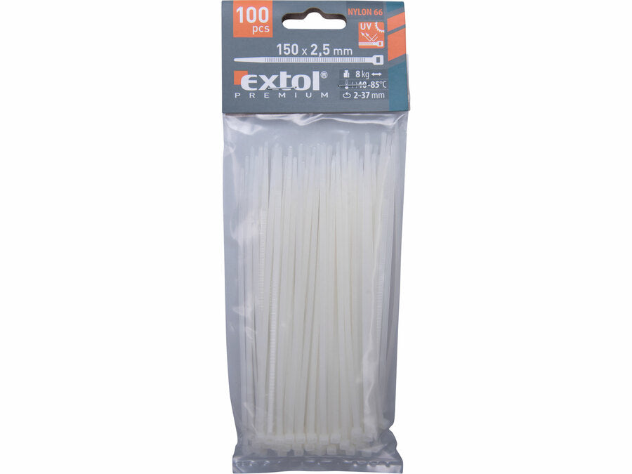 Extol Kábelkötegelő fehér, 150x2,5mm, 100db, nylon