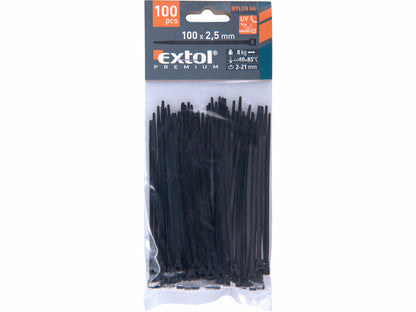 Extol Kábelkötegelő fekete, 100x2,5mm, 100db, nylon