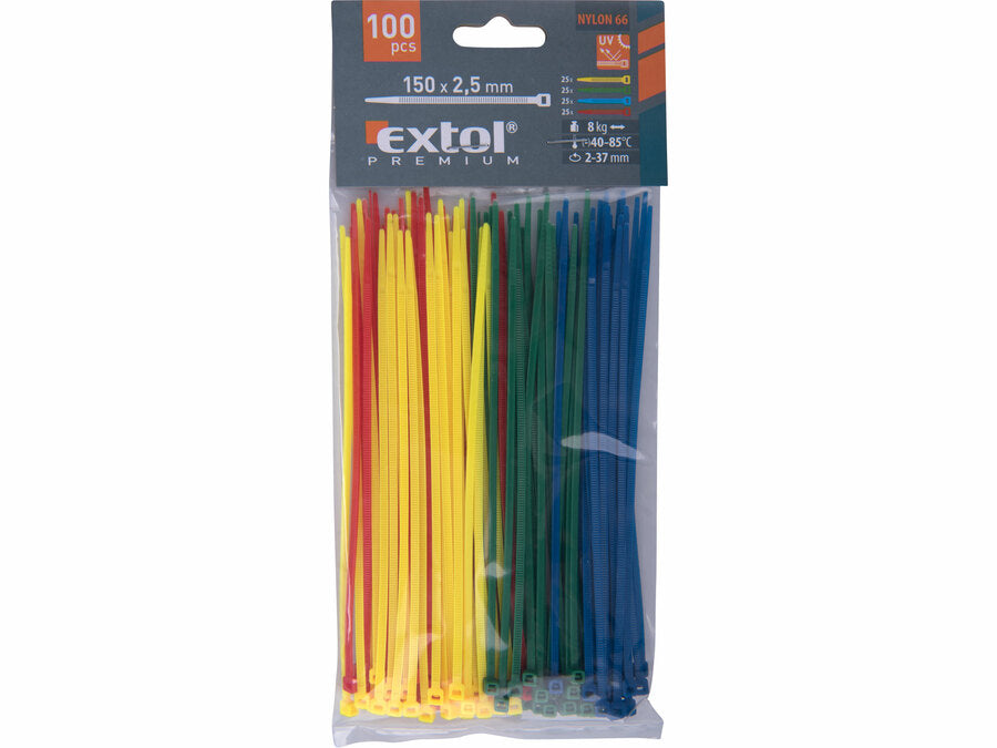 Extol Kábelkötegelő 2,5×150mm 100db, 4 színű (piros, kék, sárga, zöld), nylon;