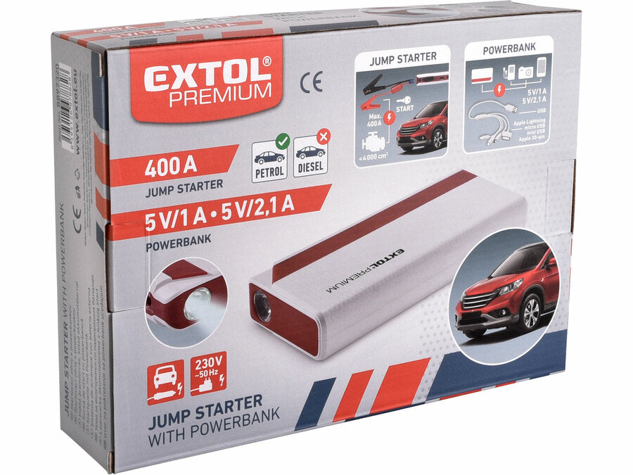 Extol Autós indító („bikázó“), 400A, benzinmotorokhoz, 5V power bank