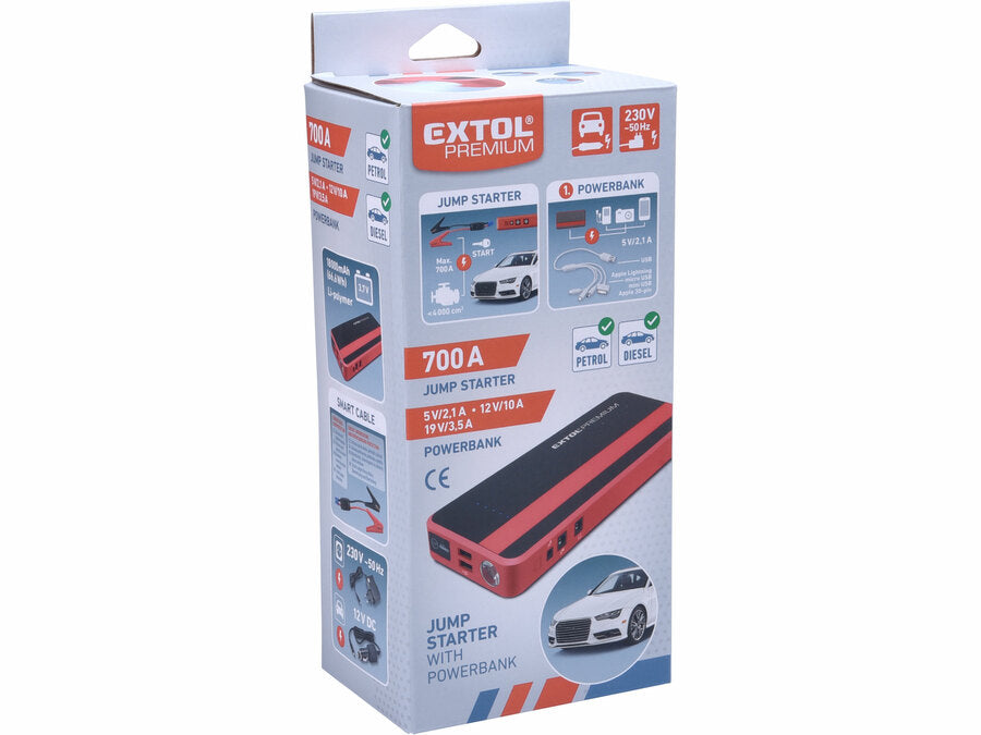 Extol Autós indító („bikázó“), 700A, benzinmotorokhoz, 5V power bank, 19V