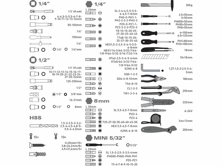 Extol Szerszámkészlet, 303db-os, 1/4", 1/2"