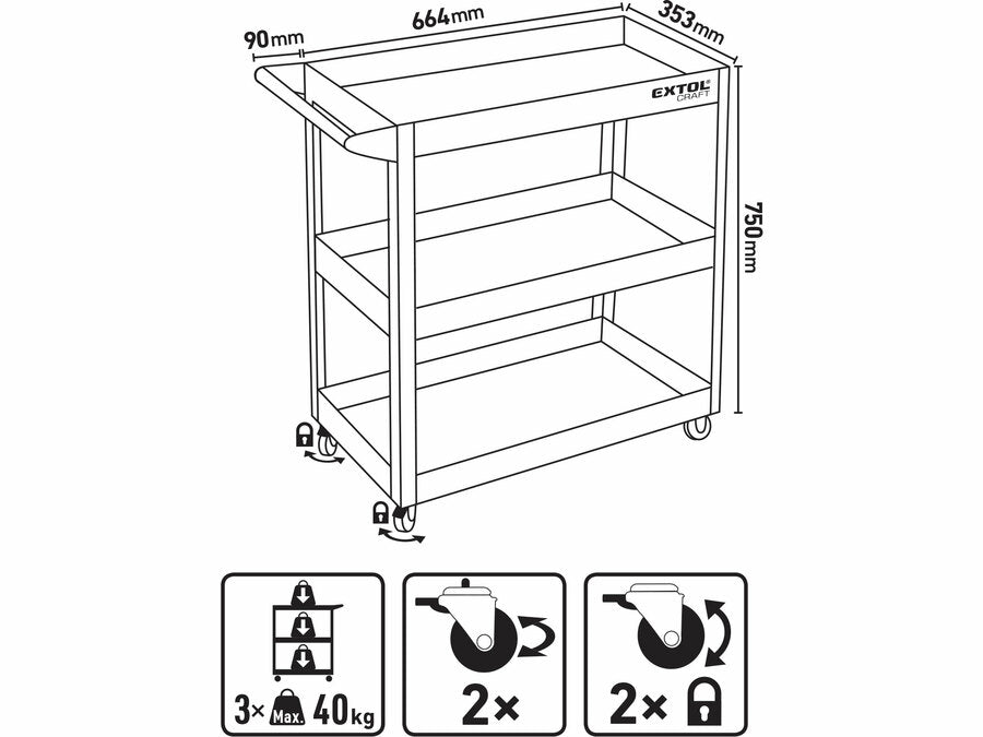 Extol Műhelykocsi (szerszámkocsi/szerszámtartó), 3 tálcás, gurulós, max. kapacitás:120 kg, saját tömeg: 10,5 kg