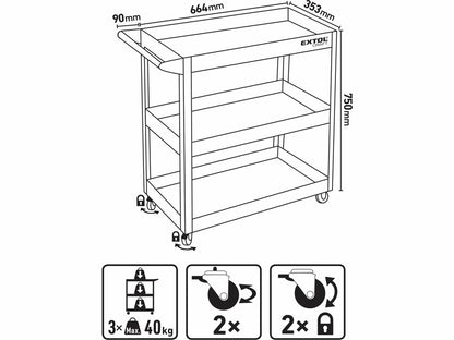 Extol Műhelykocsi (szerszámkocsi/szerszámtartó), 3 tálcás, gurulós, max. kapacitás:120 kg, saját tömeg: 10,5 kg