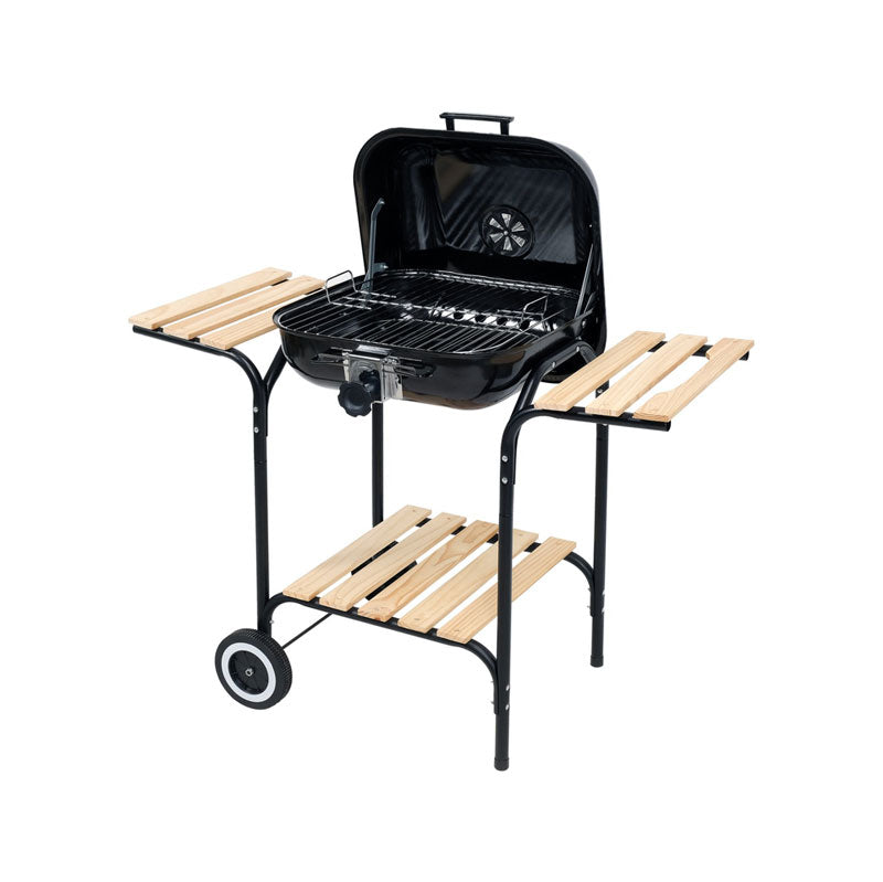 Grill faszenes nyitott sütő kerekekkel oldalsó fa polcokkal