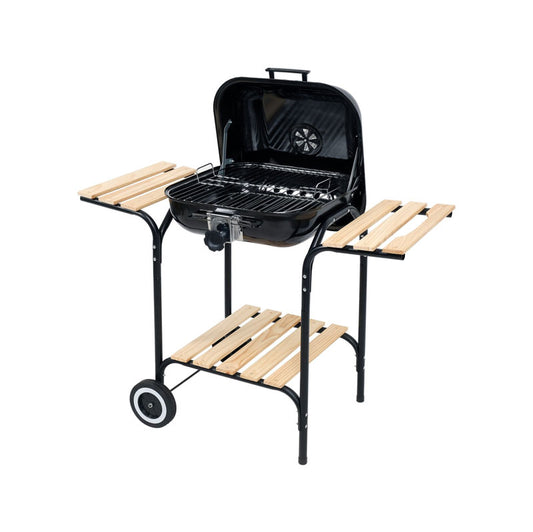 Grill faszenes nyitott sütő kerekekkel oldalsó fa polcokkal