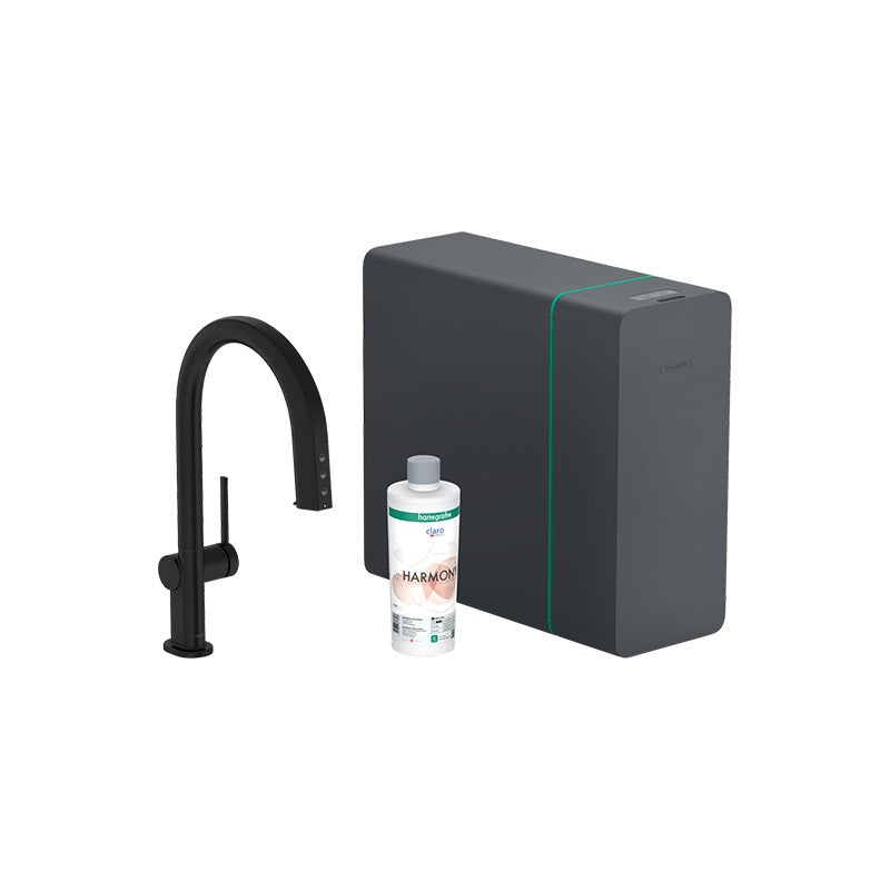 Hansgrohe Aqittura M91 Vízszűrős konyhai csaptelep és szódakészítő rendszer 210, kihúzható zuhanyfejjel, 1jet, fekete