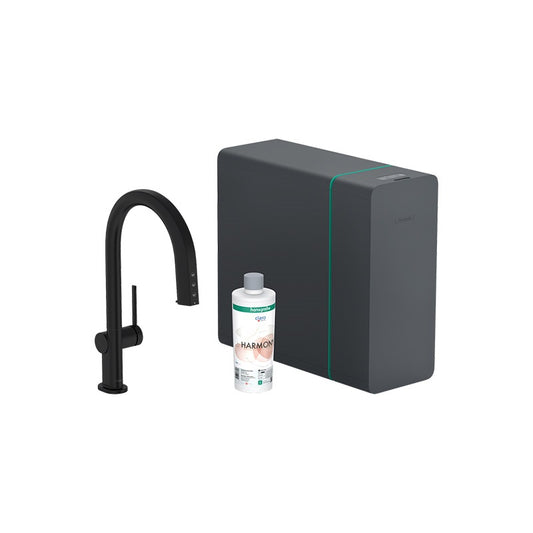 Hansgrohe Aqittura M91 Vízszűrős konyhai csaptelep és szódakészítő rendszer 210, kihúzható zuhanyfejjel, 1jet, fekete