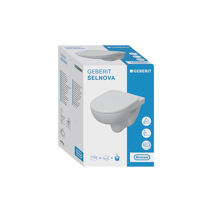 Geberit Selnova mélyöblítésű fali WC készlet 53 cm, Rimfree, lecsapódásgátlós, gyorskioldós WC-ülőkével, felső rögzítésű