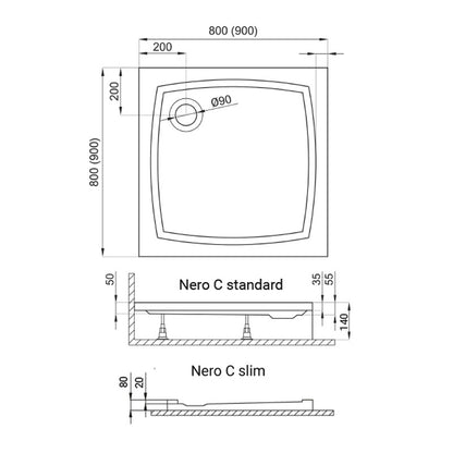 H2O Nero C 90x90 szögletes, akril zuhanytálca ajándék szifonnal