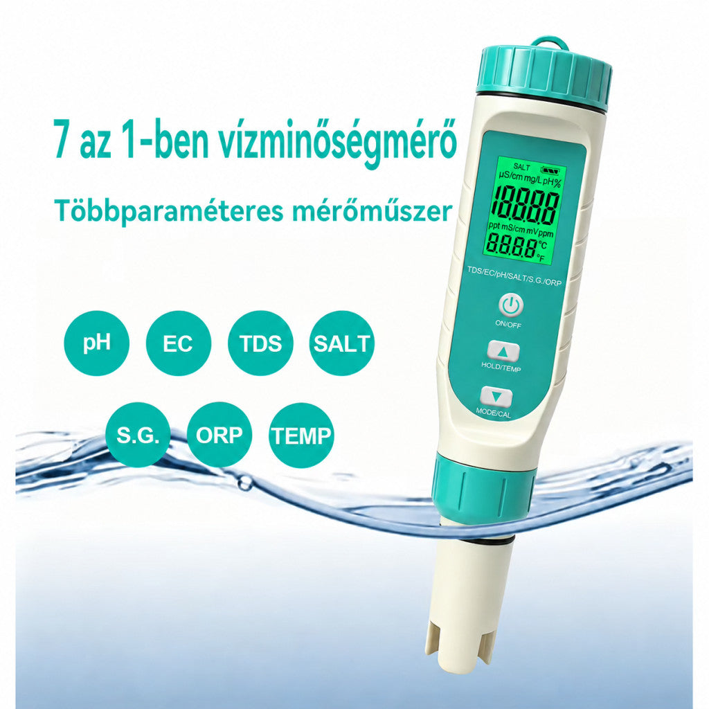 Digitális medence vízelemző, Poolx 7 az 1-ben, fehér, pH mérés, ORP, TDS mérés, sótartalom, EC, S.G és hőmérséklet mérés