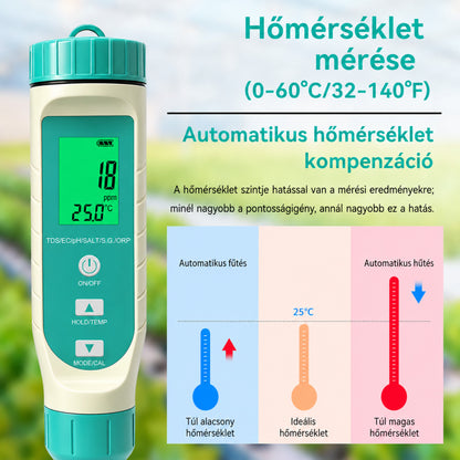 Digitális medence vízelemző, Poolx 7 az 1-ben, fehér, pH mérés, ORP, TDS mérés, sótartalom, EC, S.G és hőmérséklet mérés