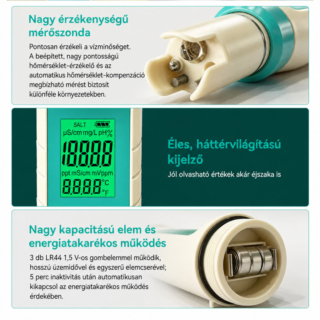 Digitális medence vízelemző, Poolx 7 az 1-ben, fehér, pH mérés, ORP, TDS mérés, sótartalom, EC, S.G és hőmérséklet mérés