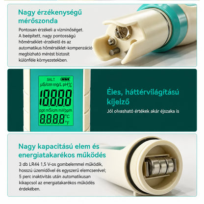 Digitális medence vízelemző, Poolx 7 az 1-ben, fehér, pH mérés, ORP, TDS mérés, sótartalom, EC, S.G és hőmérséklet mérés