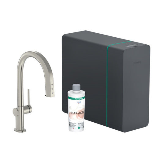 Hansgrohe Aqittura M91 Vízszűrős konyhai csaptelep és szódakészítő rendszer 210, kihúzható zuhanyfejjel, 1jet, rozsdamen