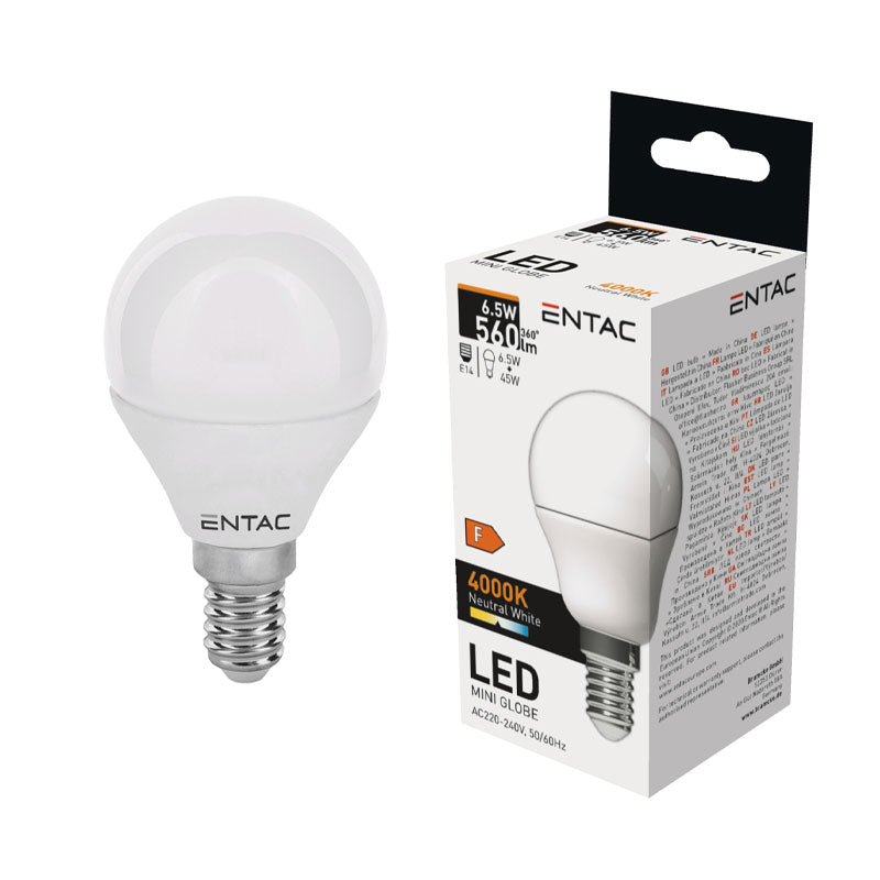 Izzó led E14 gömb mini 6,5W 4000K semleges 560Lm fehér Entac