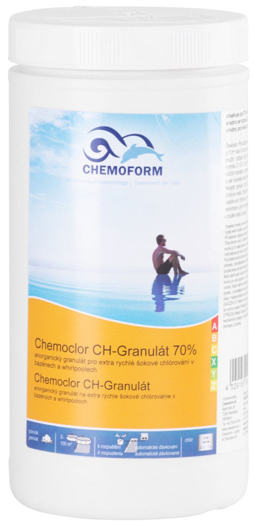 Medence klórgranulátum, Chemoform 0401 Chemoclor 70%, fehér, 1 kg, 70 % aktív klór, gyorsan oldódó, algásodás megelőzés, fertőtlenítés