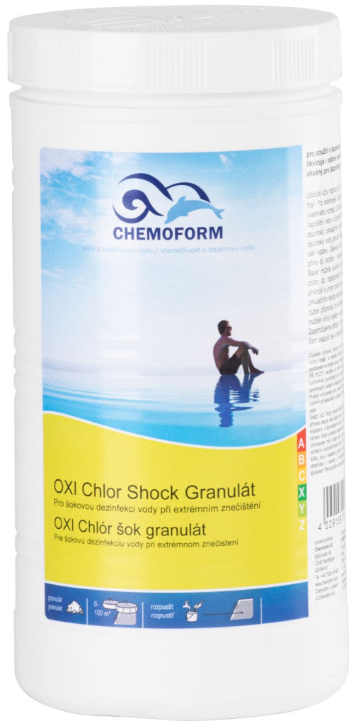 Medence klórgranulátum, Chemoform 0513 Oxi Chlor Shock, fehér, 1 kg, gyorsan oldódó, sokkolás, fertőtlenítés, aktív klór és aktív oxigén