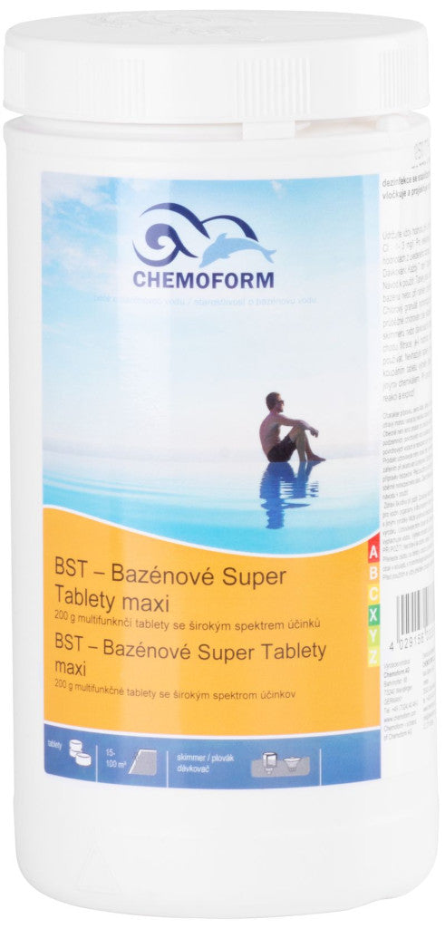 Medence többfunkciós fertőtlenítő tabletta, Chemoform 7601 BST Maxi (200 g), fehér, 1 kg, multifunkciós, lassan oldódó, klórozó, algagátló, pelyhesítő hatás