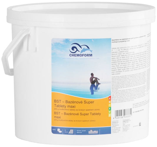 Medence többfunkciós fertőtlenítő tabletta, Chemoform 7605 BST Maxi (200 g), fehér, 5 kg, multifunkciós, lassan oldódó, klórozó, algagátló, pelyhesítő hatás