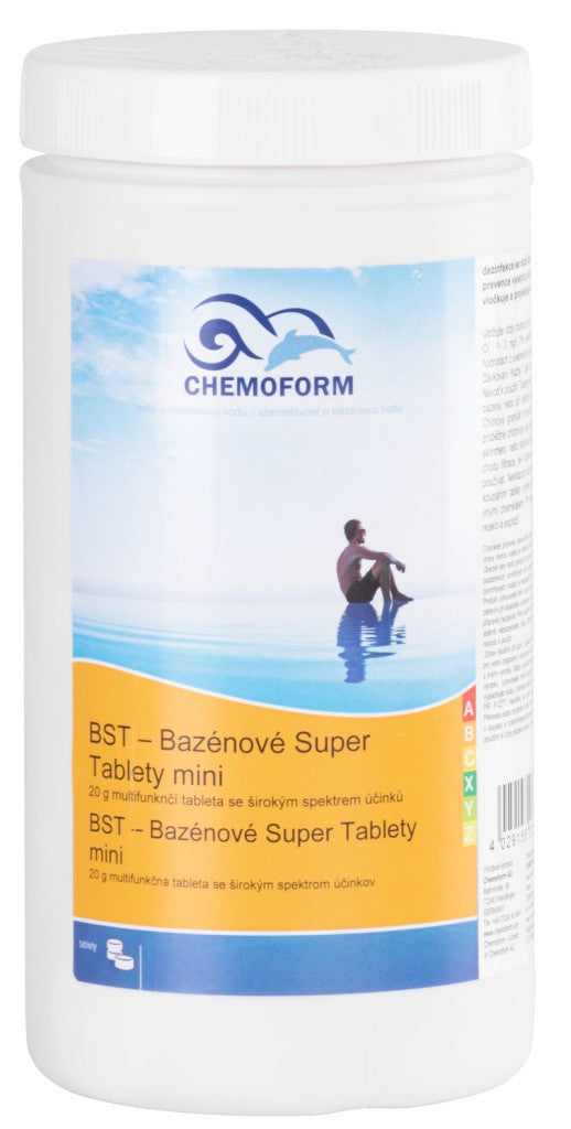 Medence többfunkciós fertőtlenítő tabletta, Chemoform 8601 BST Mini (20 g), fehér, 1 kg, multifunkciós, lassan oldódó, klórozó, algagátló, pelyhesítő hatás